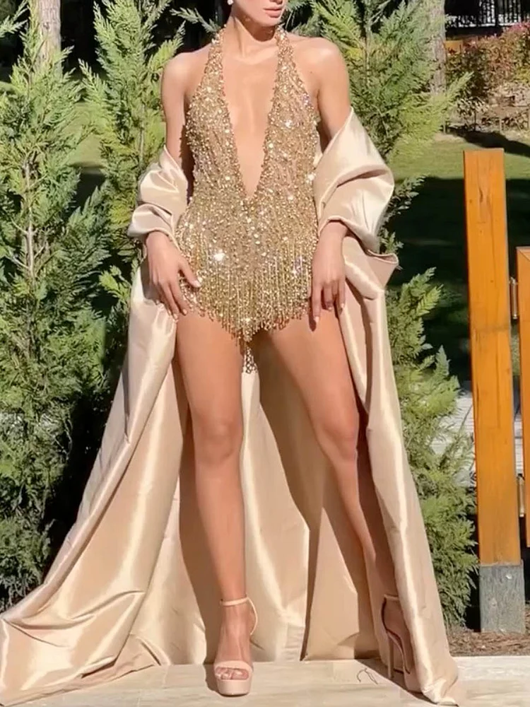 Shiny Sequinned Flower Sleeveless Deep-V Neck Tassled Mini Dresses Party Dresses