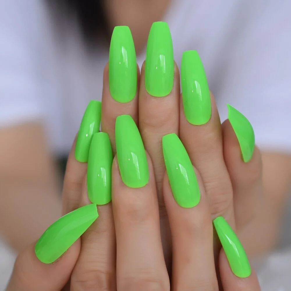 NEON Nails Wonderful Summer Green False Nails Bright Color Beautiful Extra Long Coffin Press on Nail with Adhesive Glue Sticker