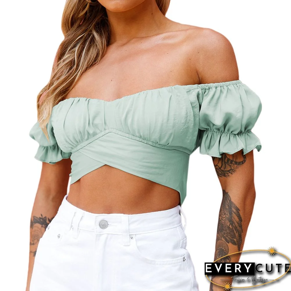 Light Green Off Shoulder Ruffled Crop Tops