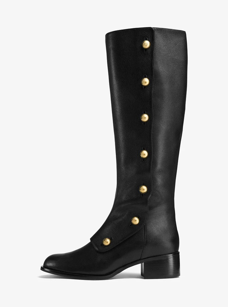 Black Gold Studs Chunky Heel Boots Knee High Boots |FSJ Shoes