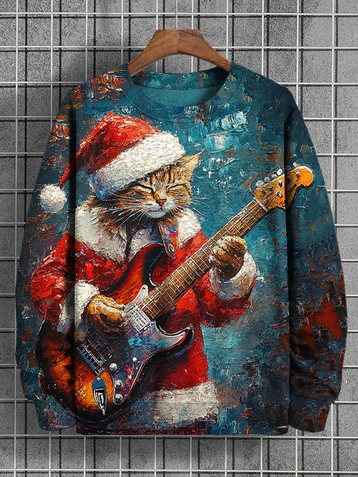 Men's Rock Cat Plays Electric Guitar Oil Painting Print Casual Sweatshirt