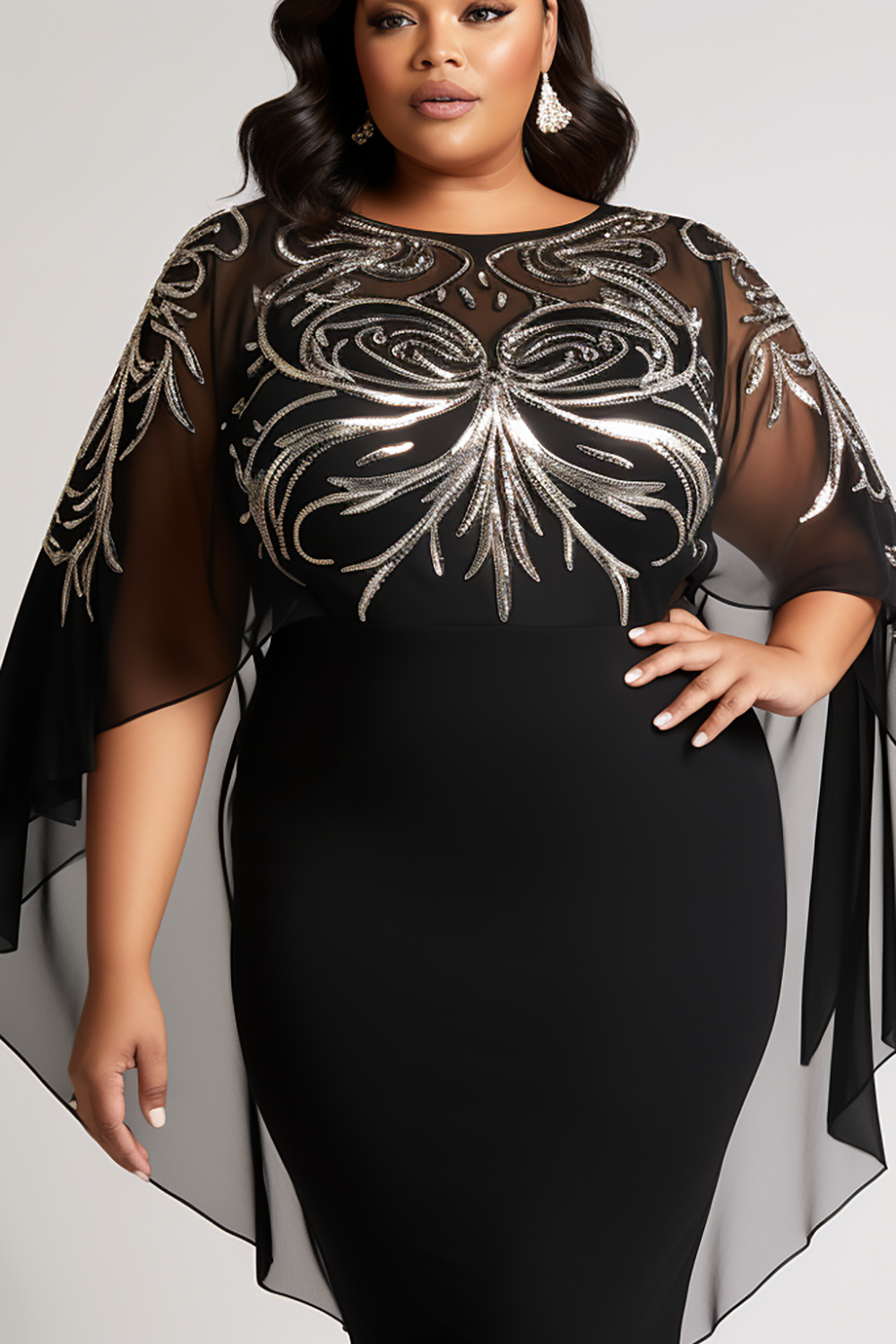Design Plus Size Mother Of The Bride Elegant Black Round Neck Cape Sleeve Tulle Midi Dresses [Pre-Order]