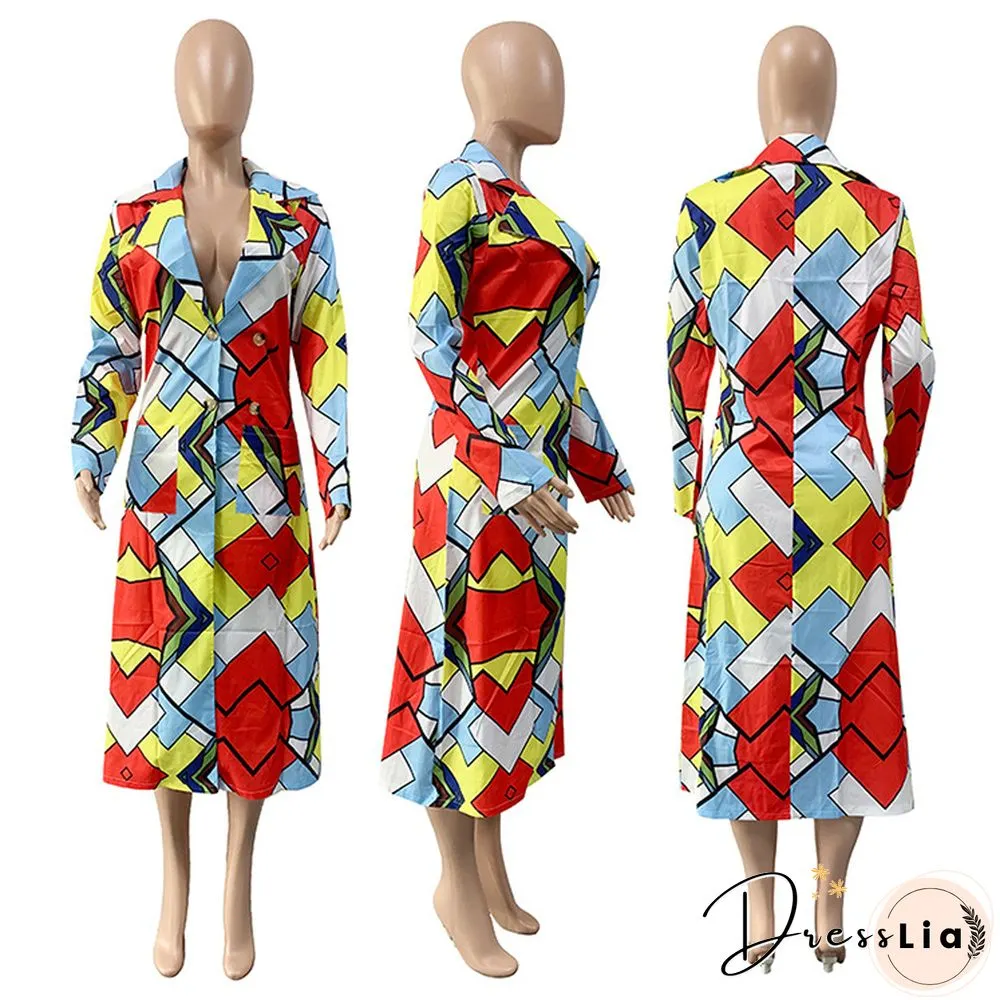 Women's Colorful Geometric Plaid Printed Lapel Long Coat