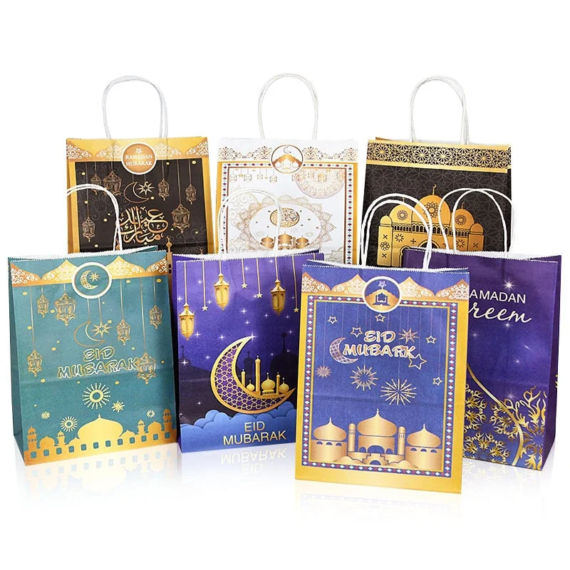 6pcs Eid Mubarak Kraft Paper Gift Bags Muslim Islamic Festival Party Cookie Candy Packaging Box Ramadan Kareem Favors Supplies