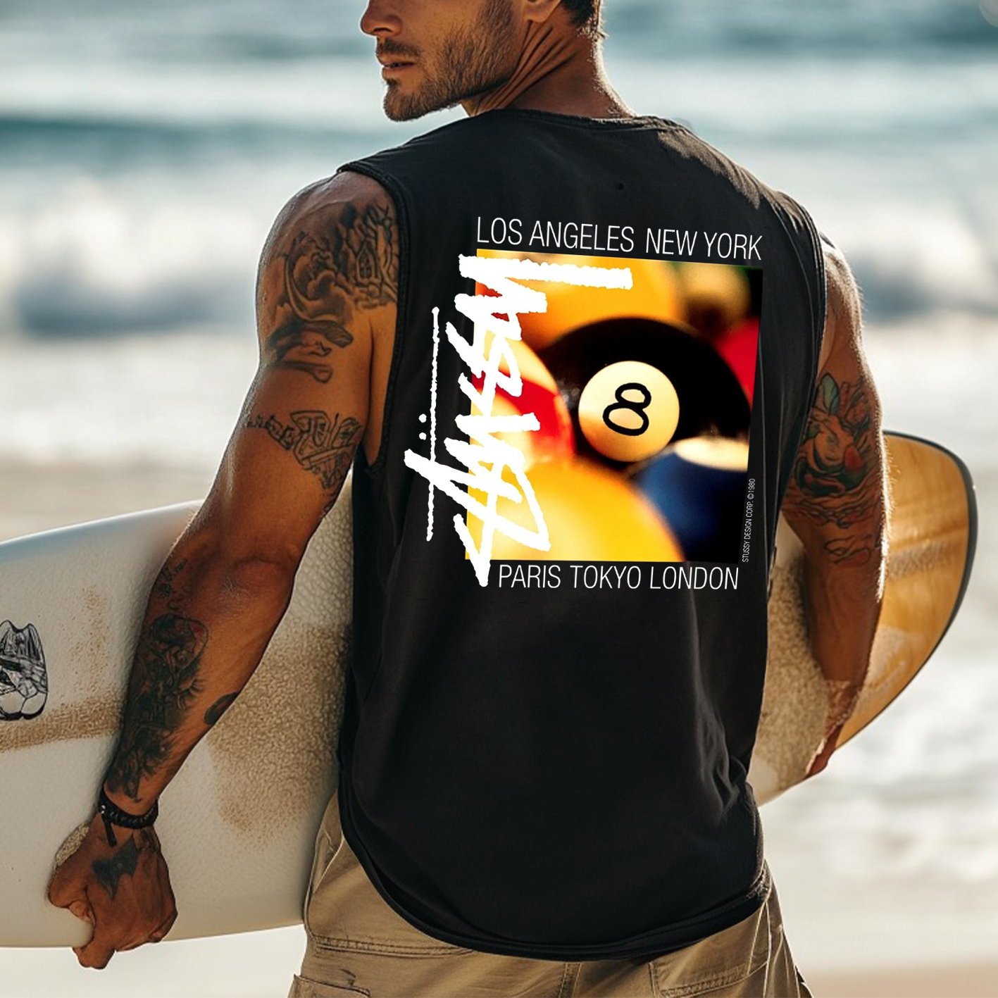 Men's Vintage Surfing Oversized Street Style Black8 Ball Print Tank Top / TECHWEAR CLUB / Techwear