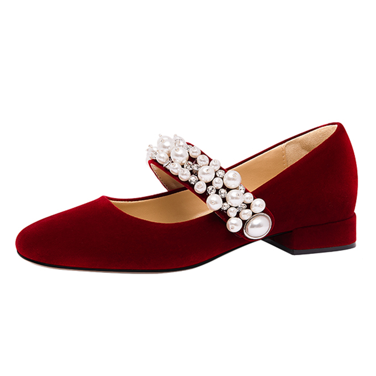 Red Square Toe Low Heel Pearl & Rhinestone Strappy Mary Jane Shoes Nicepairs