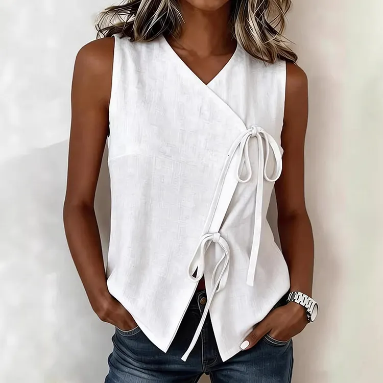 Women's Fashionable Solid Color Sleeveless Linen Blend Vest