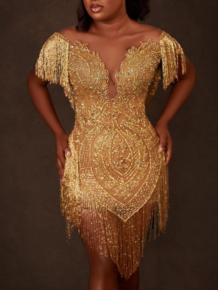 Promsstyle Promsstyle Off shoulder deep v neck gorgeous tassel skinny mini dress Prom Dress 2023