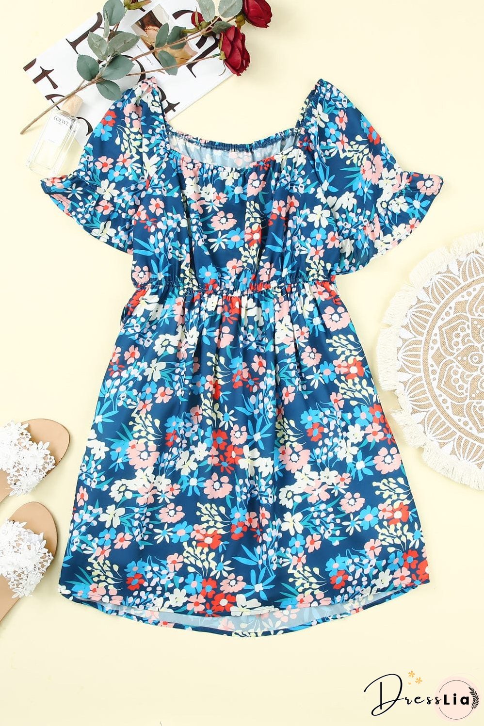 Blue Floral Ruffle Mini Dress with Square Neck