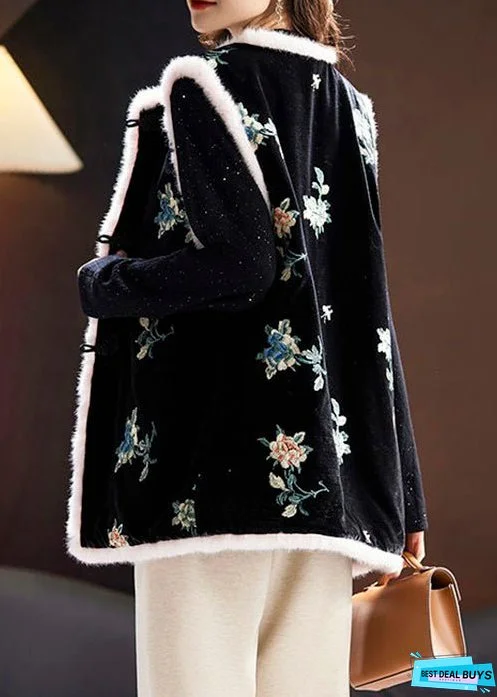 New Black Fluffy Embroideried Button Cotton Filled Waistcoat Sleeveless