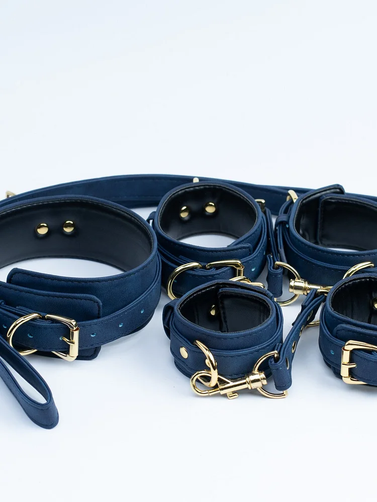 pornhint Pornhint premium Navy blue set, bondage kit, Leather Restraints set, handcuffs, ankle cuffs, collar and leash deepthroat trainer