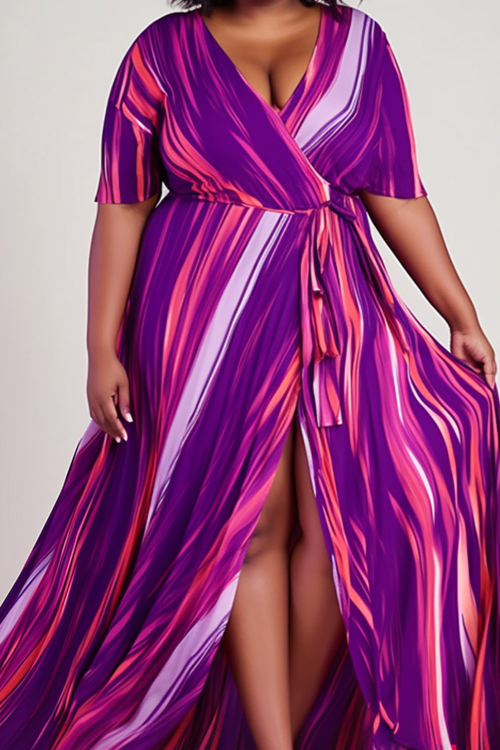 Design Plus Size Vacation Purple Marble Wrap Neck Short Sleeve Wrap Split Knitted Maxi Dresses [Pre-Order]