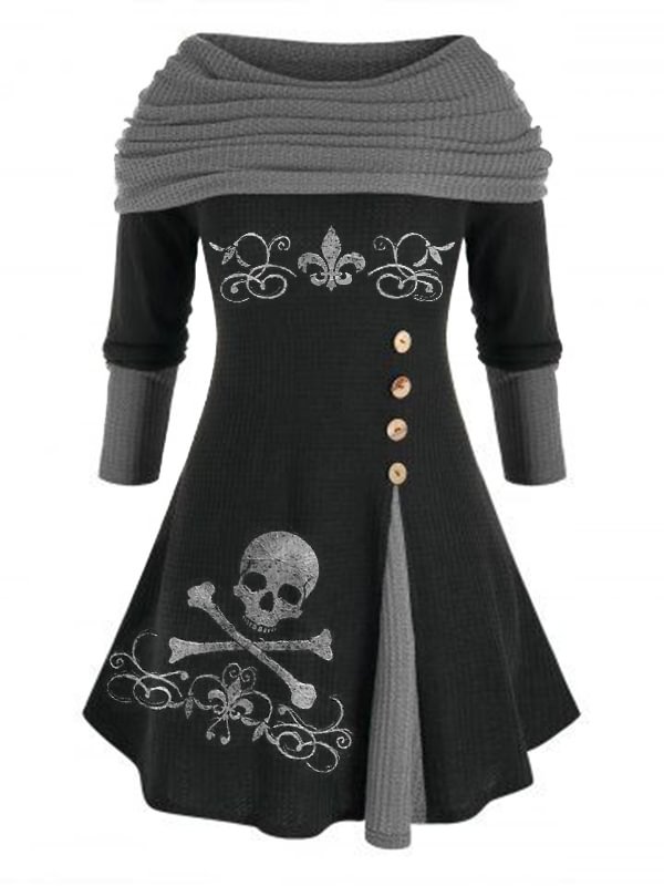 Skull Print Long Sleeve Contrast Dress Tops