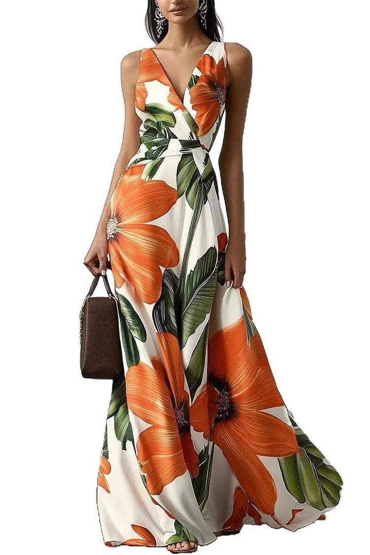 Wedding Guest Orange Floral Print Wrap Sleeveless Maxi Dress
