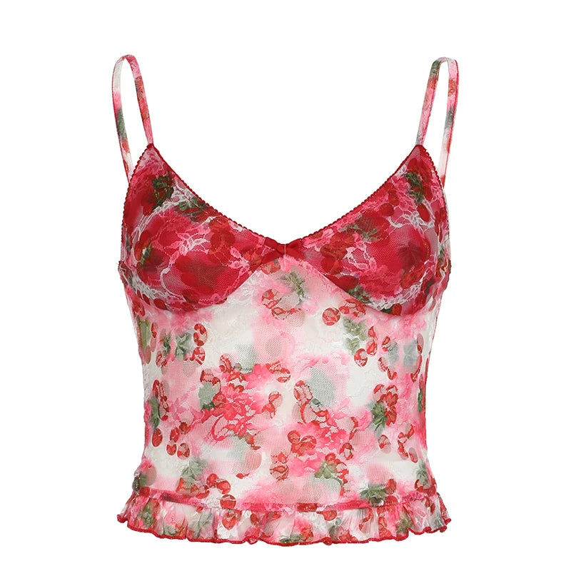 Aiertu Vintage y2k Mesh Crop Top Women Summer Floral Print Sleeveless Patchwork Spaghetti Strap Tops Ladies Sexy Aesthetic Tees Aiertu