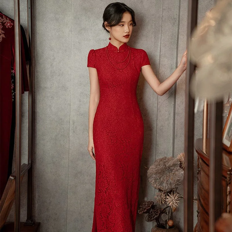 Lace fabric, floral pattern, wedding long Cheongsam