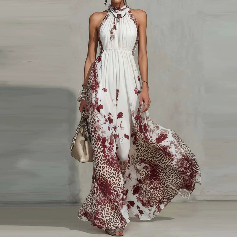 Stylish Leopard And Floral Print Halter Neck Flowing Maxi Dress elevenforest