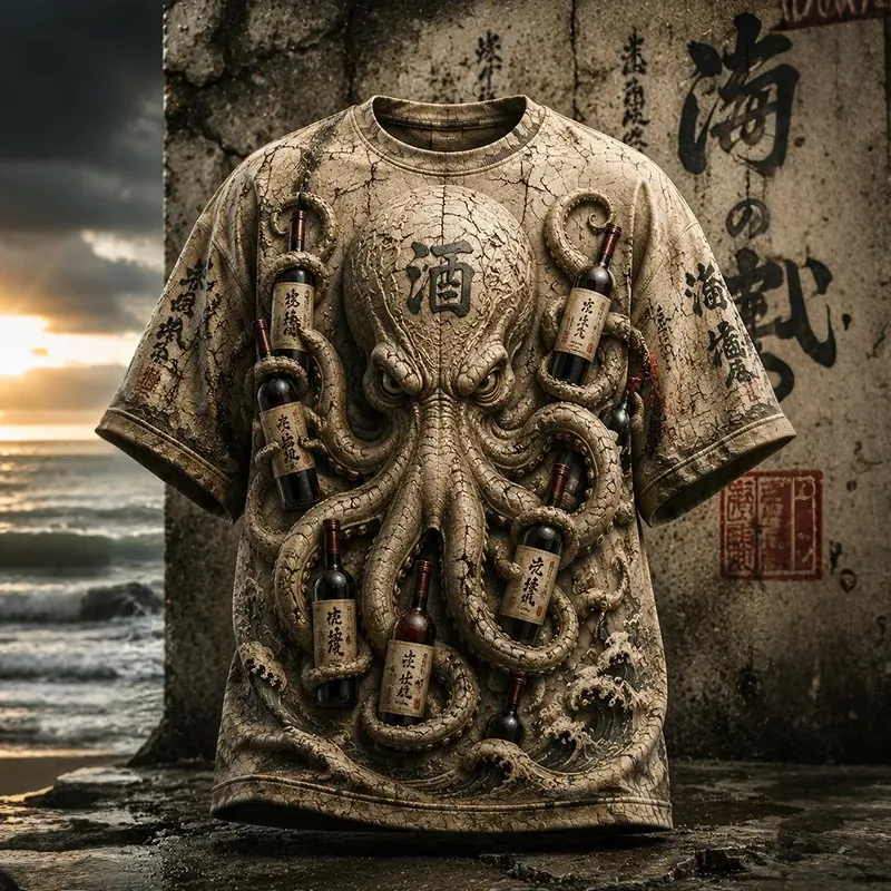 Men's Japanese Calligraphy Octopus Print Casual T-shirt  artssus
