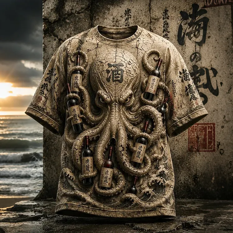 Men's Japanese Calligraphy Octopus Print Casual T-shirt