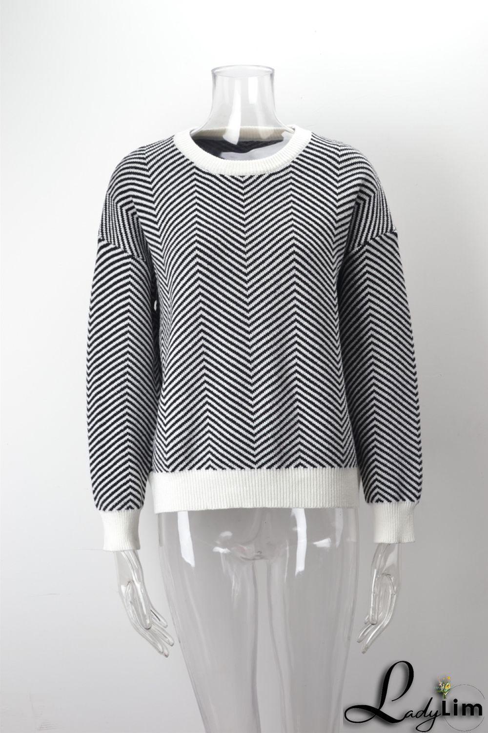 WomenBasic Round Neck Long Sleeve Striped Sweater