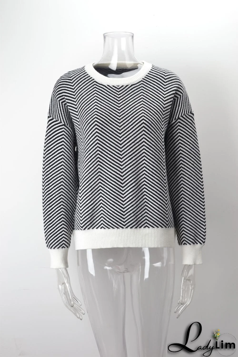 WomenBasic Round Neck Long Sleeve Striped Sweater