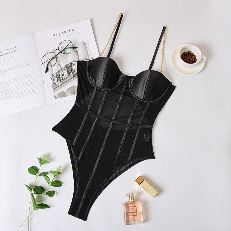 Ellolace Sexy Bodysuit Push Up Bodycon Bodys with Chain Strap Padded Slim Tops Women 2021 Summer Lace Sleeveless Bodysuits