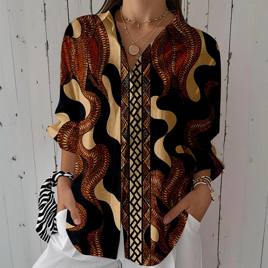 Style & Comfort for Mature Women Women Stripes, Geometric, Black, Brown DZCL0068 3/4 Sleeve Shirt Collar Printed Button Tops
