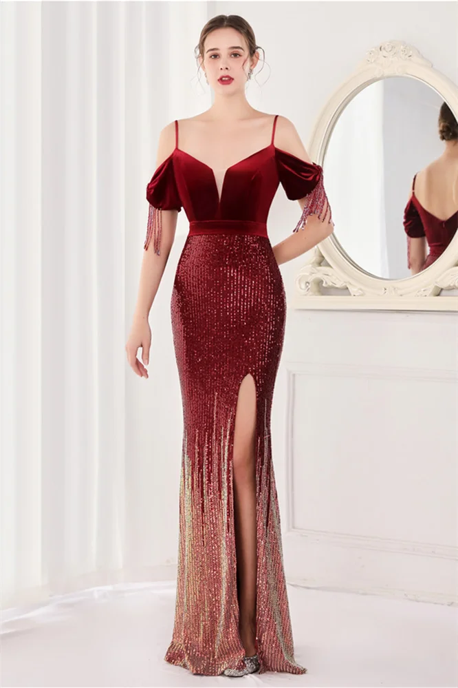 Luluslly Spaghetti-Straps Sequins Evening Dress Mermaid Long With Split YE0057