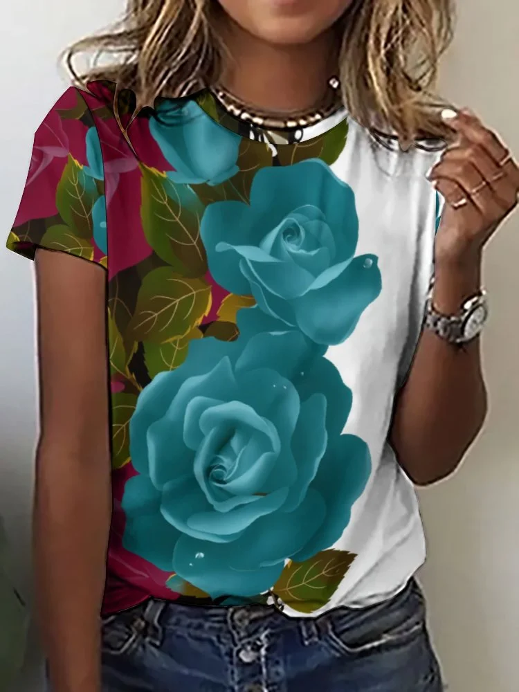 Printed Short Sleeve Casual T-shirt for  Women and Men Unisex Pattern Turquoise, Floral, Rose