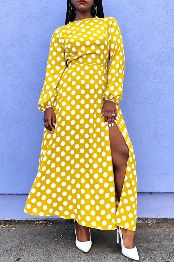 Elegant Polka-Dot Print Long Sleeve High Slit Maxi Dress