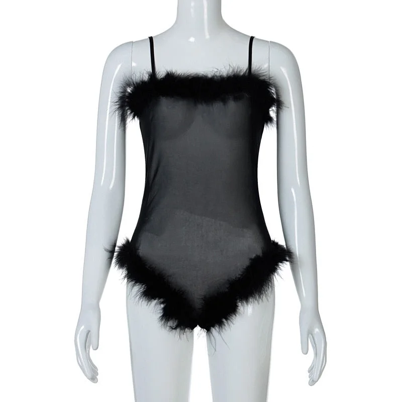 2021 Spring Sexy Mesh Bodysuits Women Faux Fur See Through Black Sleeveless Adjustable Body Suit Bodycon Clubwear