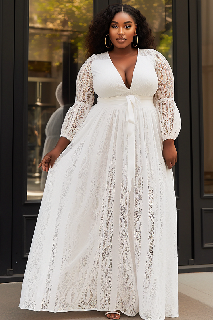 Xpluswear Design Plus Size Formal Elegant White V Neck Lantern Sleeve Long Sleeve See Through Lace Maxi Dresses 