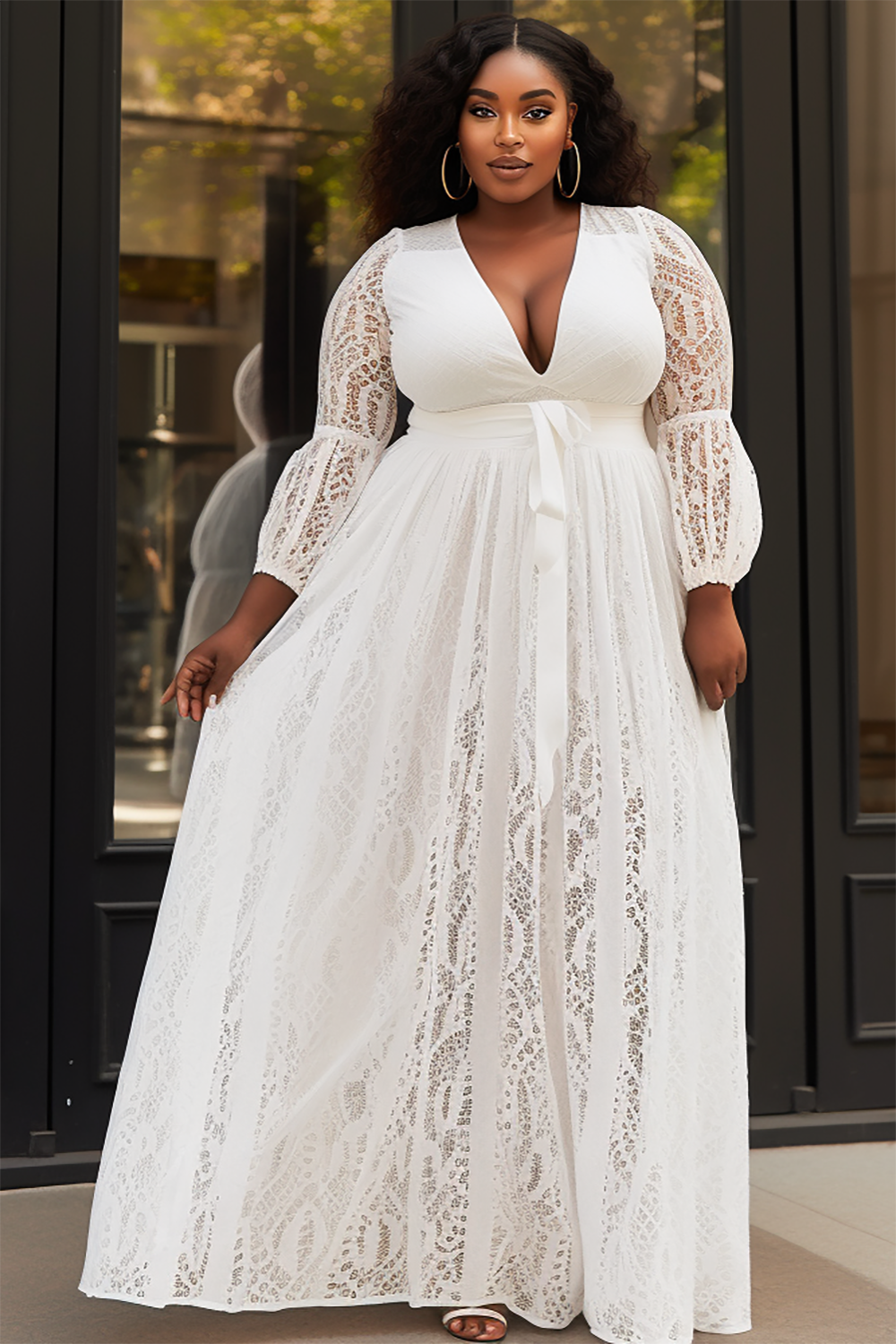 Design Plus Size Formal Elegant White V Neck Lantern Sleeve Long Sleeve See Through Lace Maxi Dresses [Pre-Order]