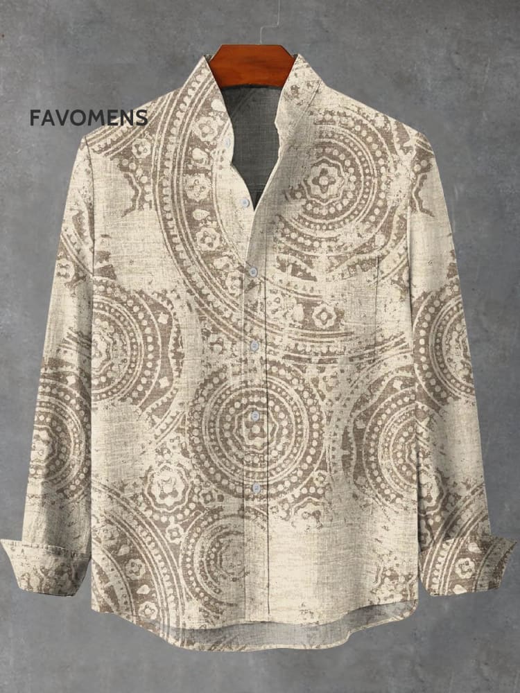 Vintage Circle Ethnic Pattern Art Print 100% Cotton Long Sleeve Shirt Multicolor / S