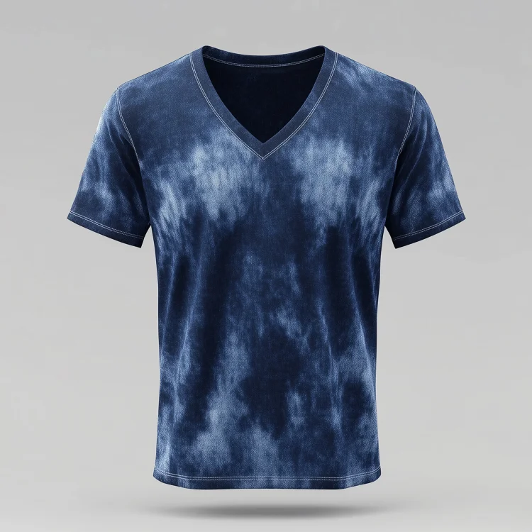 Okaywear Denim Tie Dye V Neck Short Sleeve T-Shirt 