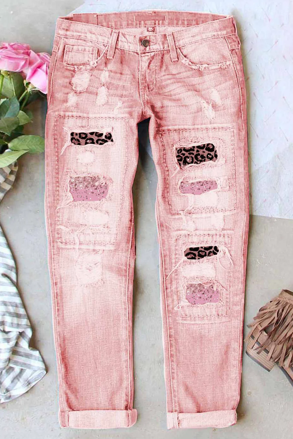 Pink Leopard Print Distressed Casual Stretch Free Jeans.