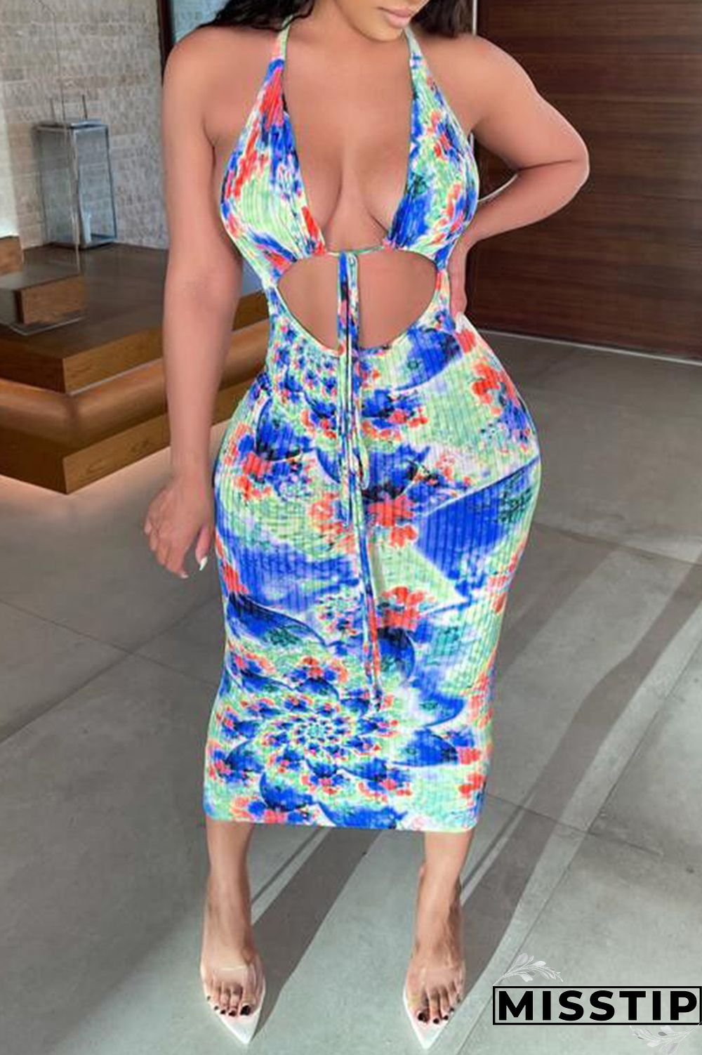 Green Fashion Sexy Print Tie Dye Hollowed Out Backless Halter Sleeveless Dress