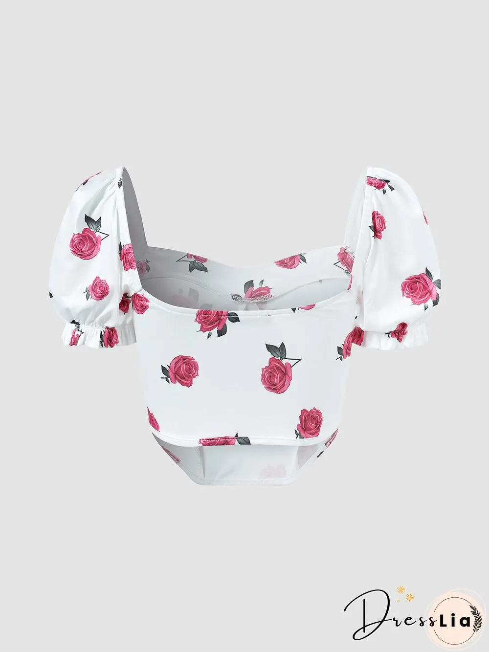 Floral Print Open Back Puff Sleeve Square Collar Crop Top