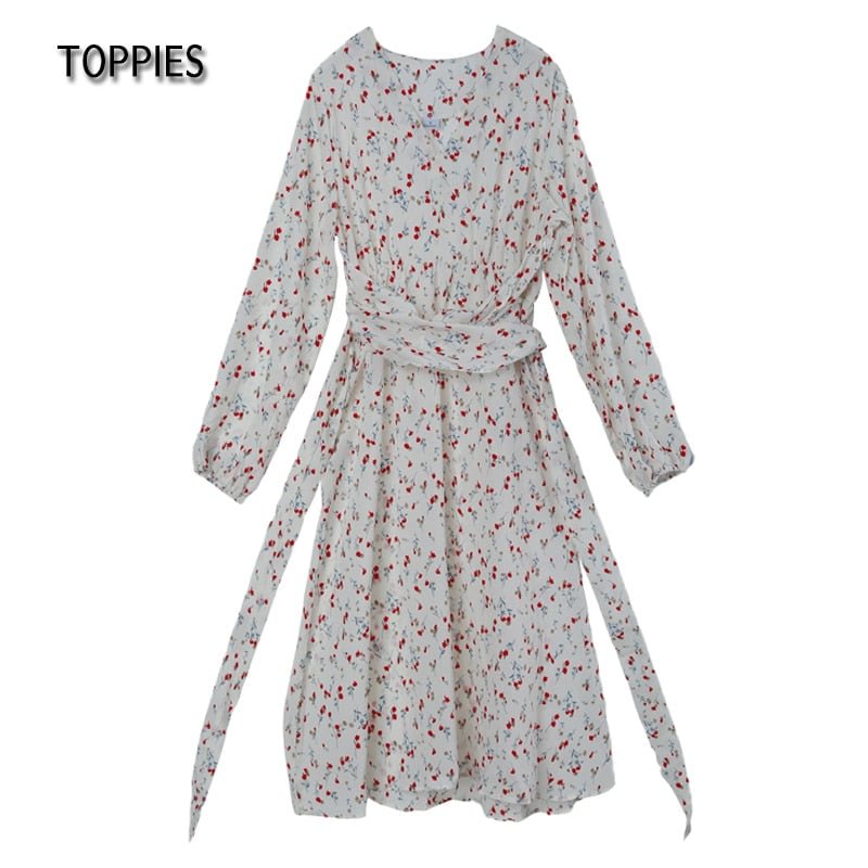 Toppies 2021 Dress Sexy V Neck Floral Printed Elastic High Waist  Long Sleeve A Line Fashion Women's Dress
