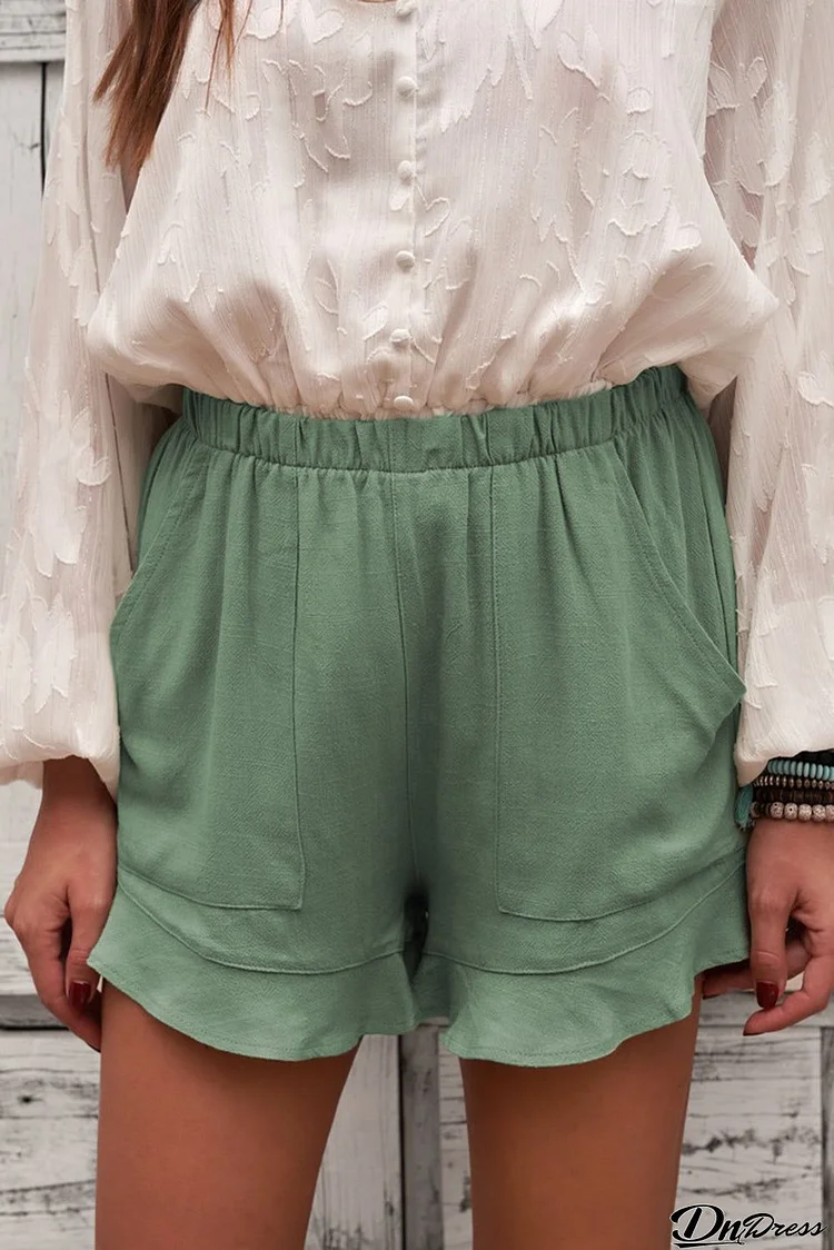 Women's Summer Pocketed Flutter Green Linen Cotton Shorts