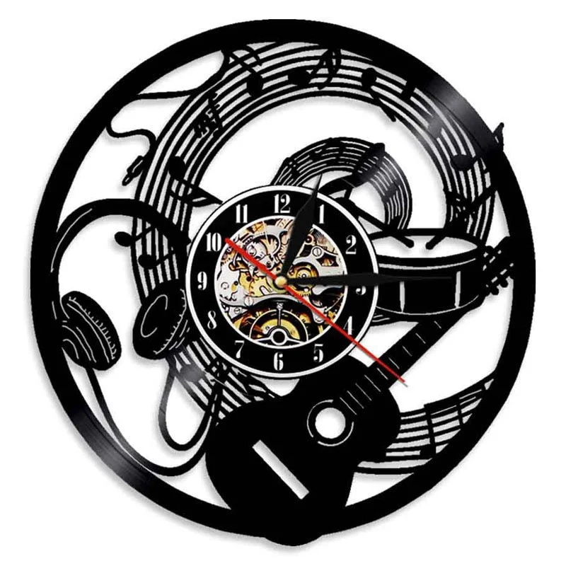 Acoustic Guitar Drum Vinyl Record Wall Clock Rock Music Theme Wall Art Musical Instrument Vinyl Clock Wall Watch Home Decor