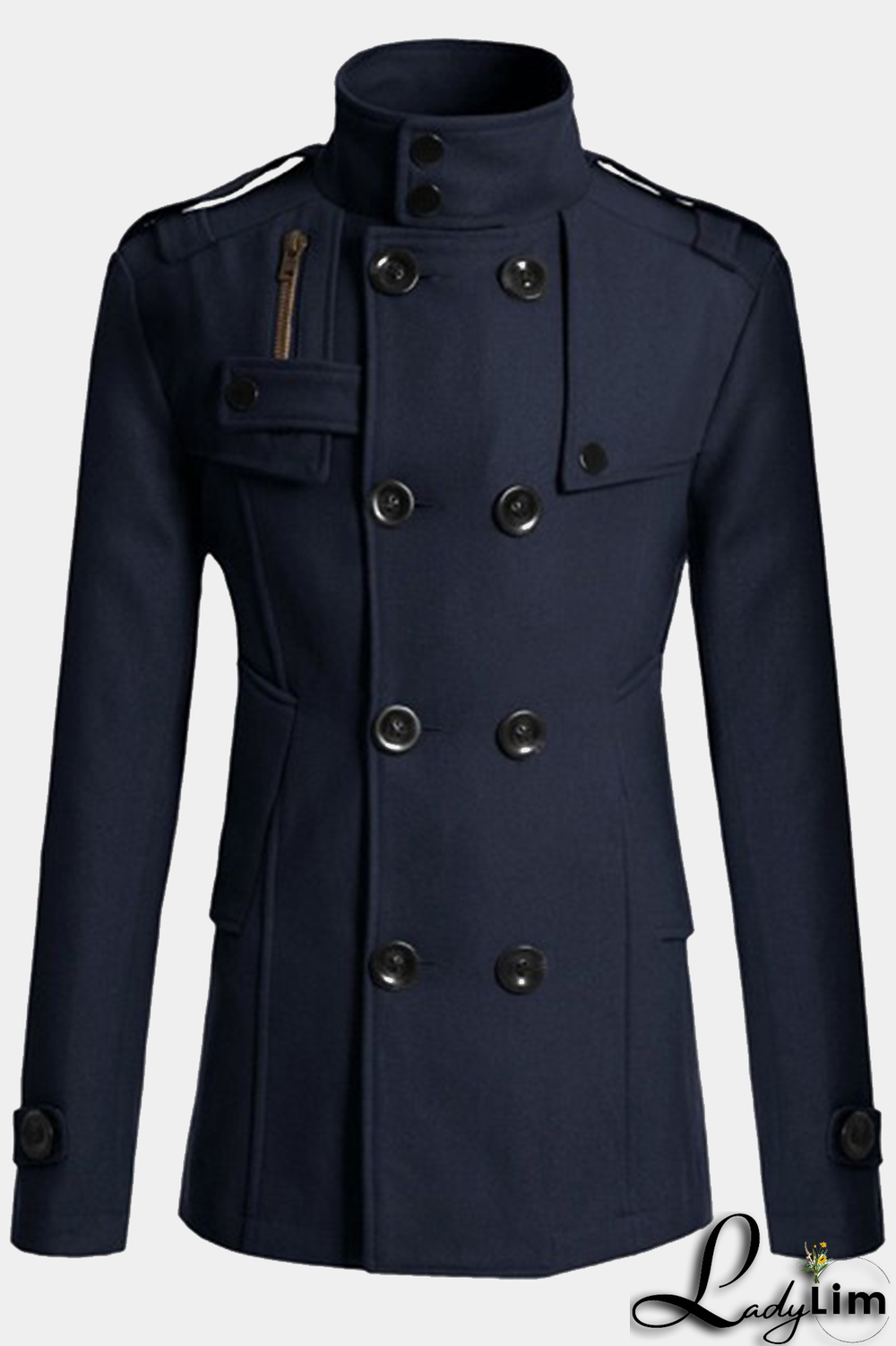 Navy Blue Fashion Casual Patchwork Buckle Zipper Mandarin Collar Outerwear