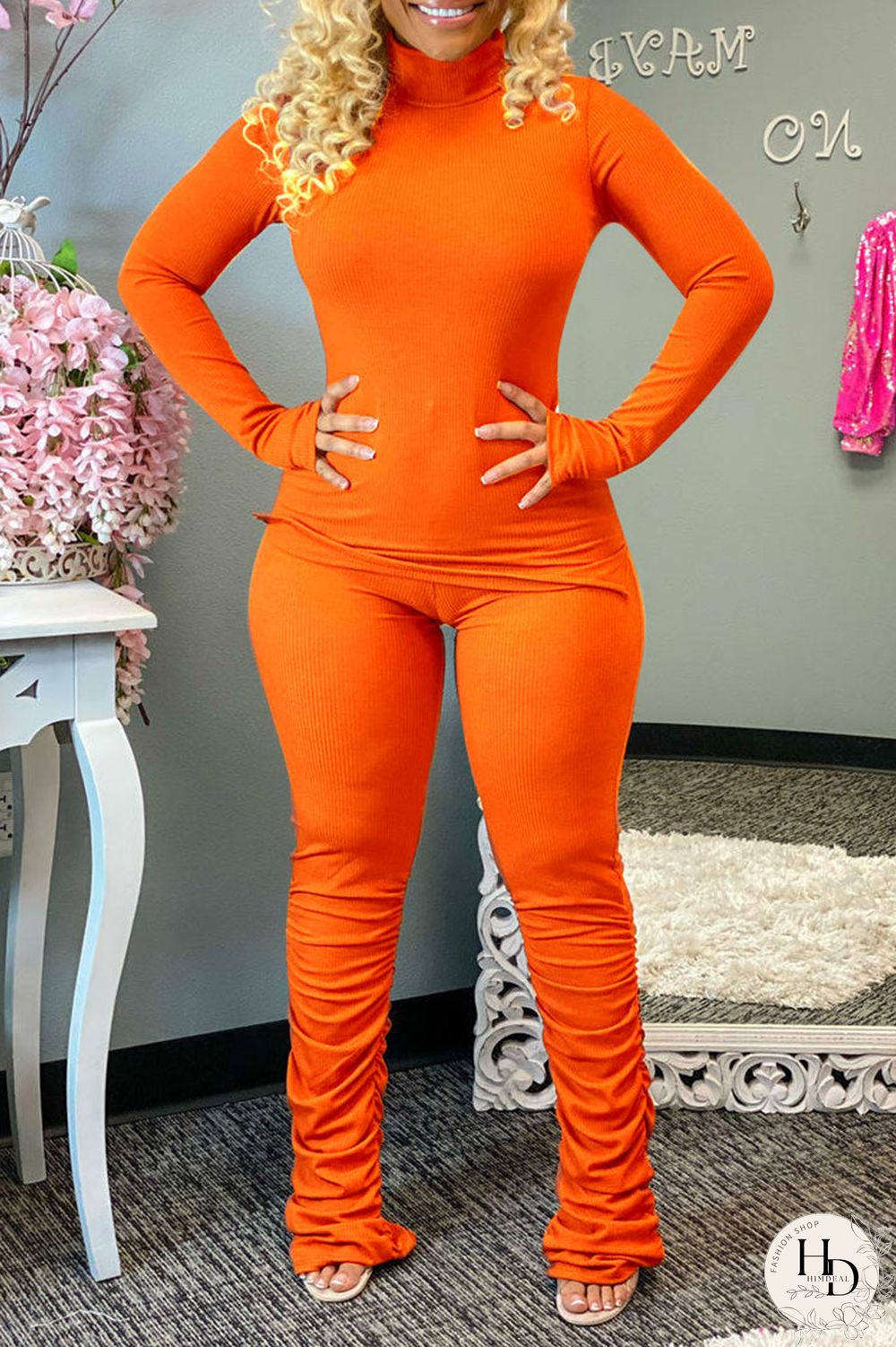 Pink Casual Solid Split Joint Slit Fold Half A Turtleneck Long Sleeve Two Pieces