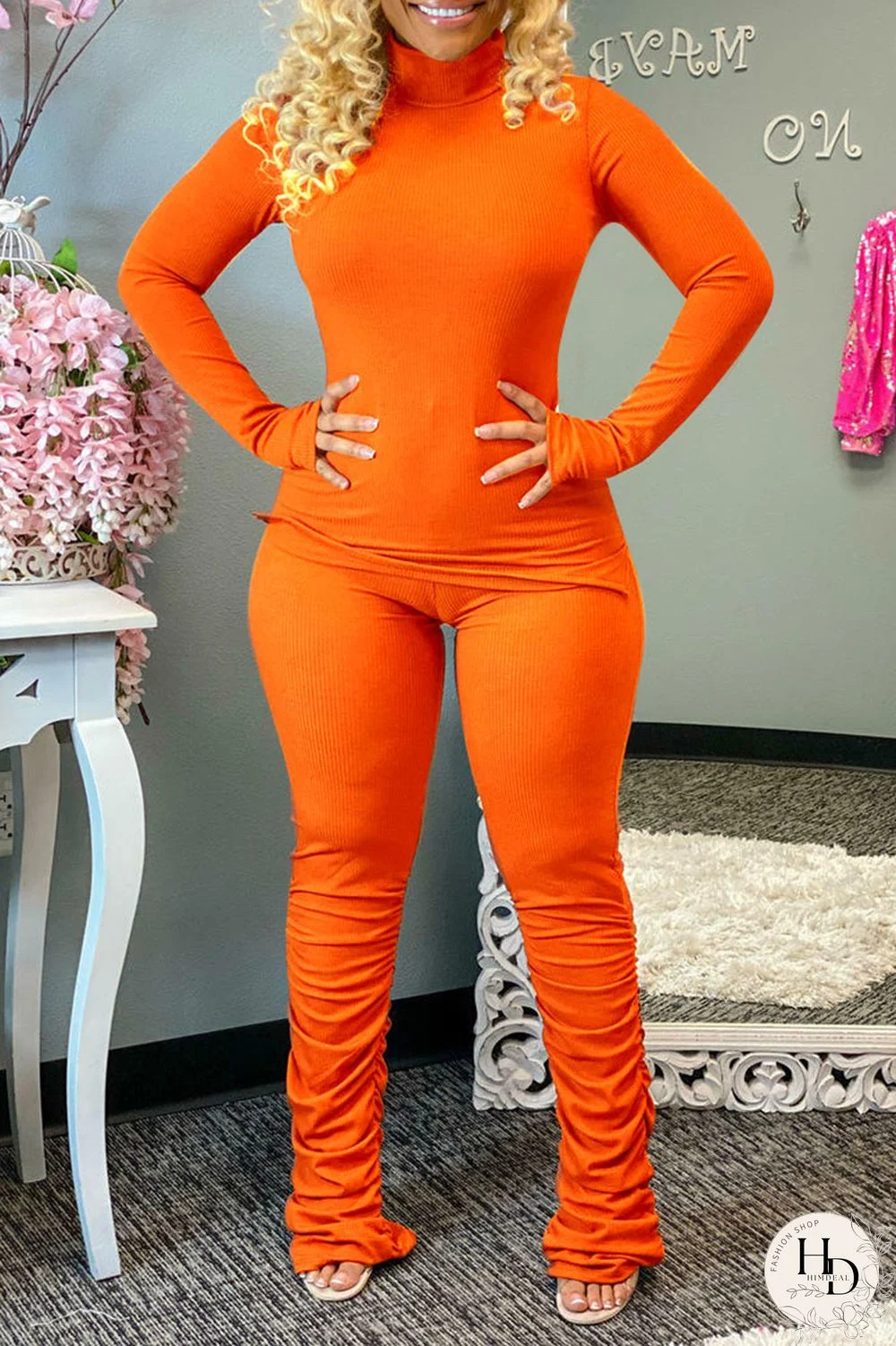 Pink Casual Solid Split Joint Slit Fold Half A Turtleneck Long Sleeve Two Pieces