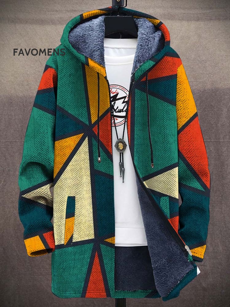 Abstrct Colour Block Print Plush Thick Long-Sleeved Sweater Cardigan Coat Multicolor / S