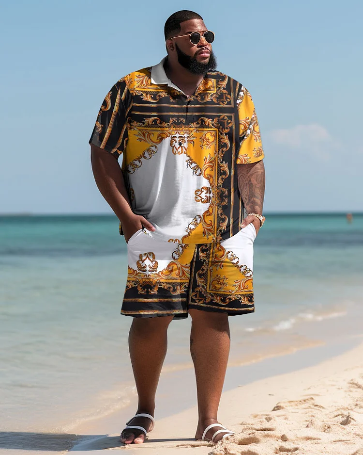 Men's Large Size Hawaiian Chain Pattern Art Color Block Shirt and Shorts Two-piece Set