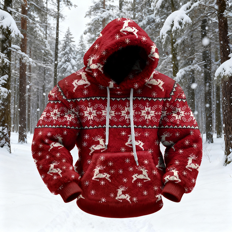 Men's Vintage Christmas Deer Art Cozy Plush Hoodie elevenforest