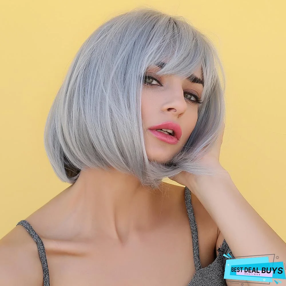 Dark Brown Short Bob Hair Wigs with Bangs Synthetic Wig