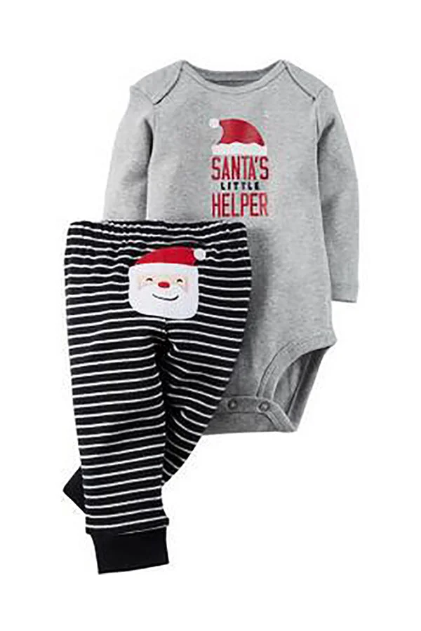 Crew Neck Long Sleeve Santa Claus Print Christmas Infant Pajama Black-elleschic