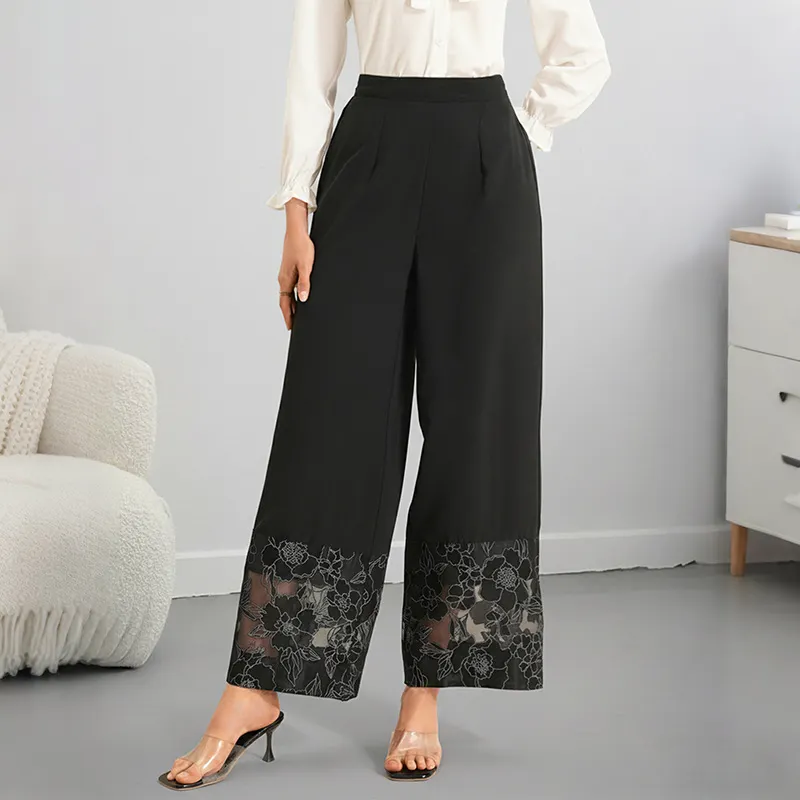 Women Black Trousers With Floral Lace Hem